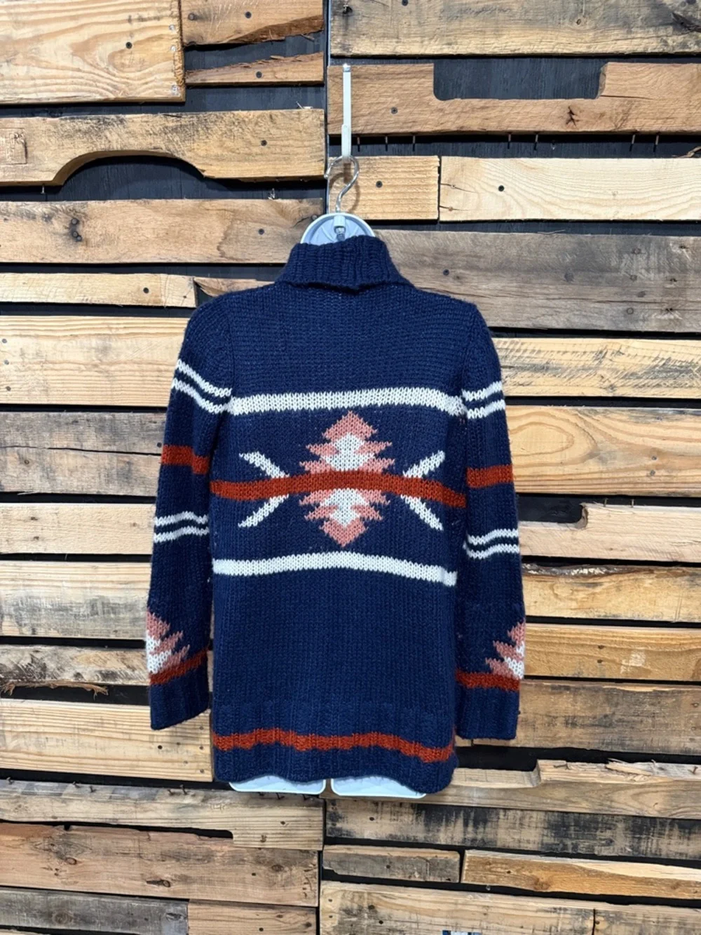 Charming Charlie Navy Southwestern Open Front Knit‎ Boho Cardigan Size Small